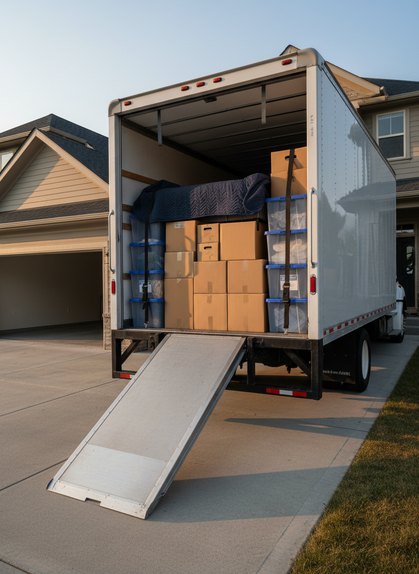 An open moving truck with a clean white exterior and polished metal ramp lowered onto a neat concrete driveway, backed up to a suburban home’s attached garage. Inside the truck, rows of uniformly packed boxes, plastic totes with snap-on lids, and securely strapped furniture wrapped in quilted navy-blue moving blankets are arranged with methodical precision. Golden hour sunlight bathes the scene, creating warm highlights on the truck’s metal interior and long, soft shadows on the driveway. Shot from a low, three-quarter front angle in photographic realism, the composition emphasizes depth into the truck interior while maintaining sharp detail throughout. The atmosphere feels professional, reliable, and well-coordinated, suitable for illustrating high-quality moving services on a business-focused blog.