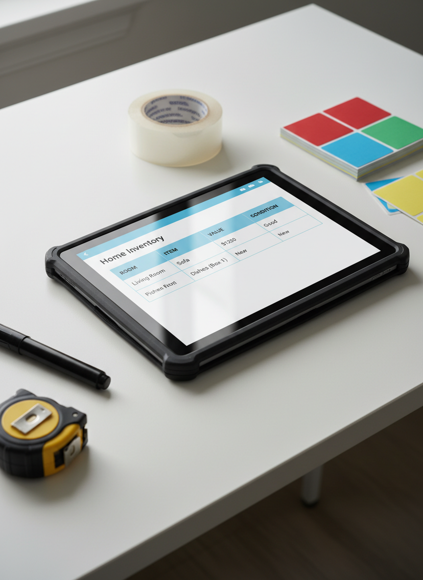 A close-up, photographic realistic shot of a sturdy tablet on a minimalist white desk, displaying a digital home inventory checklist with neatly organized columns for room, item, value, and condition. Around the tablet are a roll of clear packing tape, a black permanent marker, a stack of color-coded adhesive labels, and a folded measuring tape, all resting on a smooth light-wood surface. Soft, diffused daylight from a nearby window creates gentle reflections on the tablet screen and subtle shadows under the objects. The composition follows the rule of thirds from a slightly elevated angle, with a calm, efficient, and professional mood that emphasizes planning and organization for an upcoming move within the U.S.